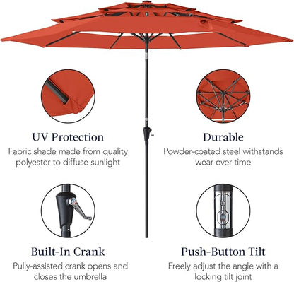 Best Choice Products 10ft 3-Tier Market Patio Umbrella, Outdoor Sun Shade with Tilt, Crank Lift, 8 Ribs for Backyard, Deck, Poolside – Rust