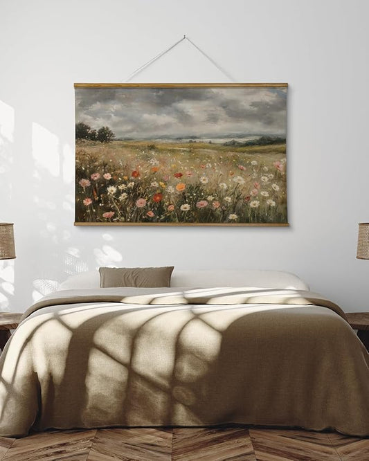ARPEOTCY Extra Large Vintage Framed Wall Art, 36x54 Inch Colorful Wild Flowers Landscape Hanging Framed Wall Art Decor for Living Room Bedroom Office, Retro Rustic Home Decor Aesthetic