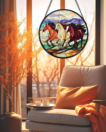 Stained Glass Window Hanging, Galloping Horses Sun Catcher for Door Home Decor Colorful Suncatcher Christmas Mother's Day Birthday Gifts for Women Men Mom and Nana 15 in