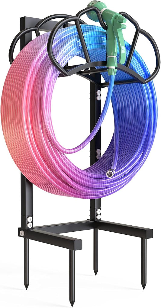 Qatsrin New Garden Hose Holder, Super Stable Water Hose Holders Stand Holds 160-Feet Hose, Rustproof Freestanding Hose Storage Hanger Rack for Outside Yard Lawn Farm, Black