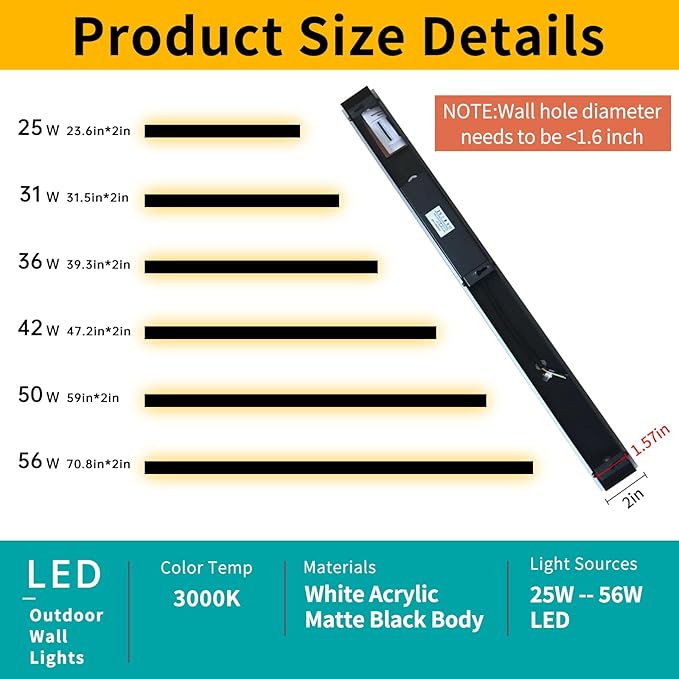 Mikeru 59inch Long LED Wall Light, 3000k Exterior Wall Sconces, Acrylic Invisible Exterior Wall Light for Porch Modern Outdoor Wall Mount Lighting for House Courtyard Balcony Porch Patio Garage