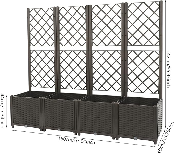 4 PCS Raised Garden Bed with Trellis, Plastic Planter Box for Climbing Plants, Outdoor Vertical Garden with Privacy Screen for Patio, Balcony, Backyard, Dark Brown