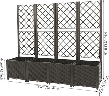 4 PCS Raised Garden Bed with Trellis, Plastic Planter Box for Climbing Plants, Outdoor Vertical Garden with Privacy Screen for Patio, Balcony, Backyard, Dark Brown
