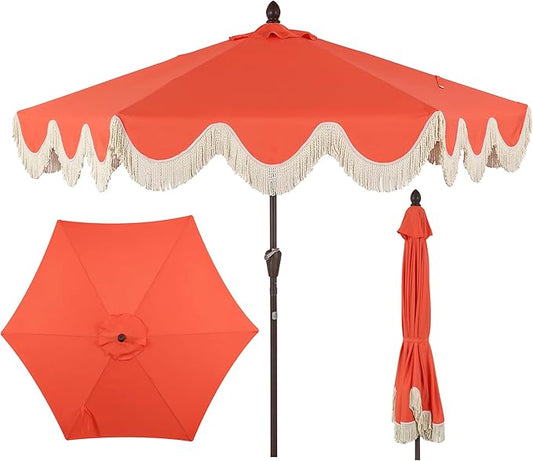 JONATHAN Y UMB1001 Collins 9 ft. Classic Cottage Tassel Market Patio Umbrella with Auto-Tilt, Crank, Wind Vent and UV Protection