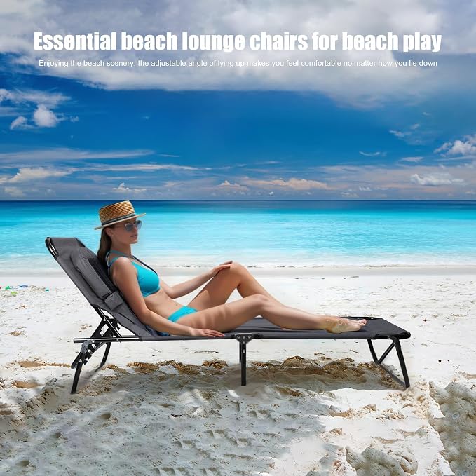 Patio Lounge Chair Reclining Folding Chaise for Indoor Outdoor Adjustable Portable Chair Removable Pillow, Sunbathing Chair for Patio, Poolside, Lawn, Beach Grey