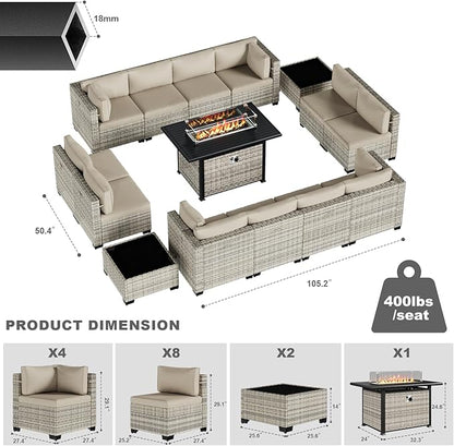 15-Piece Patio Furniture Set, Outdoor Patio Furniture with 55,000 BTU Fire Pit Table, Thick Cushions, Modular Patio Sofa, Dual-Strand Wicker Rattan, Rust-Resistant Frame, Khaki