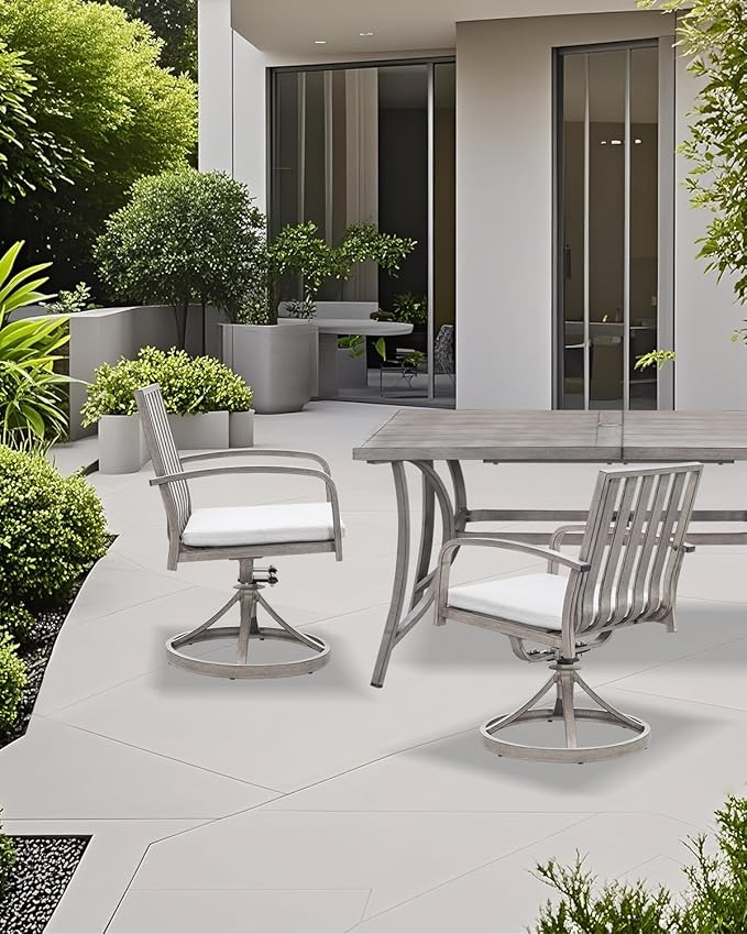 Aluminum Patio Dining Chairs Set of 2, 360°Swivel Outdoor Dining Chairs with Washable Cushions, Deep Seating Swivel Chairs Patio Furniture Set for Deck, Balcony, Garden, Poolside, Limed Oak