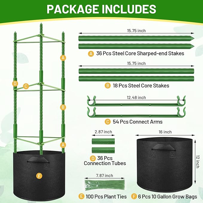 Legigo 6 Pack Tomato Cages with 10 Gallon Grow Bags- 48inch Tomato Trellis Plant Support Stakes Planter, Tomato Plant Cages Garden Trellis for Vertical Climbing Plants Vegetables Flowers Fruits