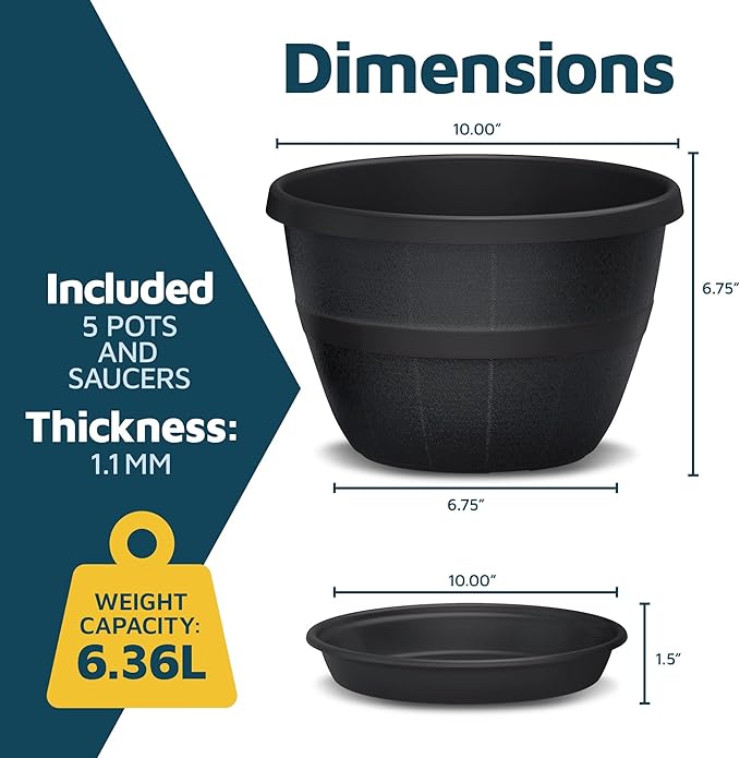 10-Inch Whiskey Barrel Planters Outdoor Pack of 5 - Durable Plastic Plant Pots for Indoor & Outdoor Use with Drainage & Saucer, Lightweight Rustic Barrel Planters for Flowers, Herbs & Small Plants