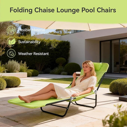 Outdoor Chaise Lounge with Detachable Pillow, Reclining Folding Chair with 5-Position Adjustable Back, Portable Tanning Chair For Beach, Pool, Lawn, Breathable Mesh Seat, No Assembly (Green 2)