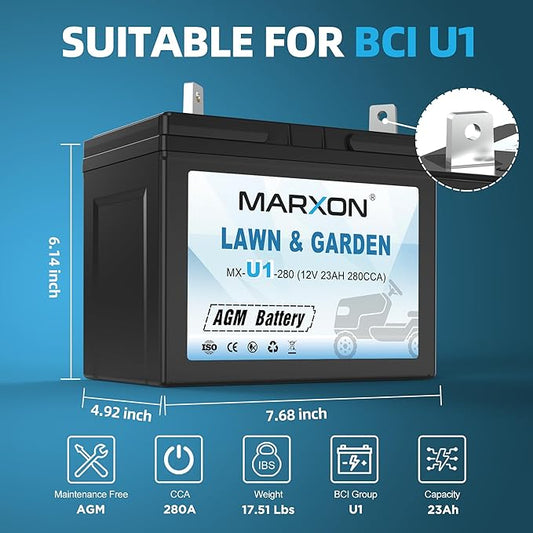 MARXON U1 280CCA Riding Lawn Mower Batteries, Garden Tractors Battery Maintenance Free AGM Battery, Compatible with Troy-Bilt, John Deere, Toro, Cub Cadet, Craftsman, Ariens, Poulan Pro