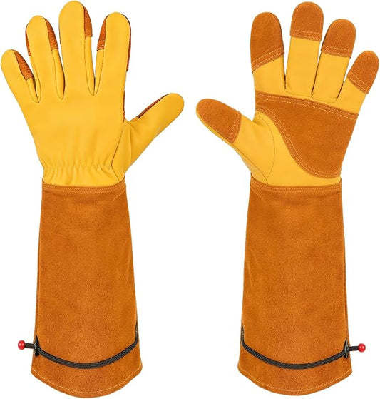 Aegend Long Gardening Gloves, Reinforced Fingertips Cowhide Leather, Elbow-Length Gauntlet Cuff, Breathable & Flexible for Rose Pruning, Planting & Weeding, Fit for Small Hands (Gold Yellow, S)