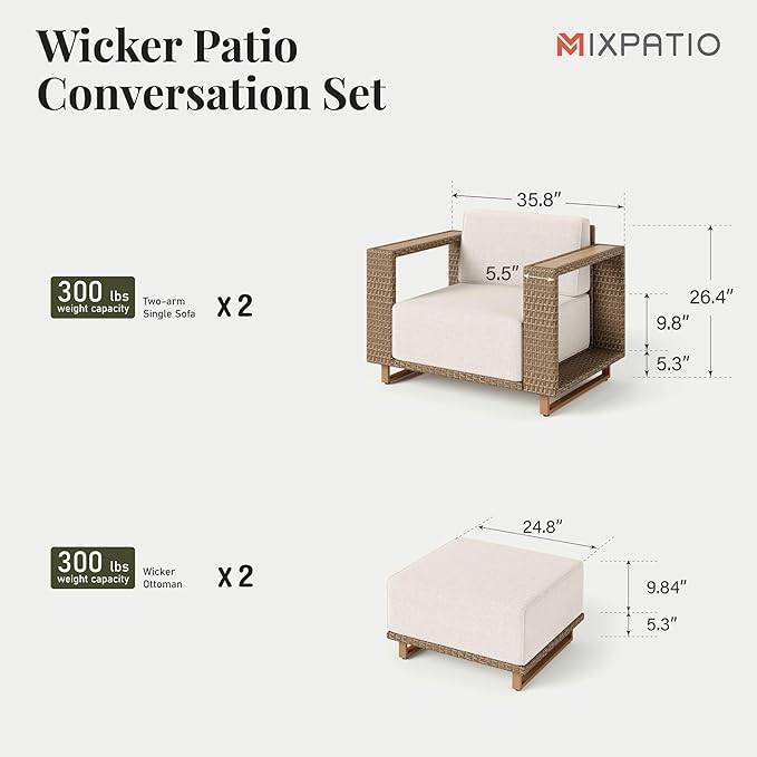 4 Pcs Outdoor Patio Furniture Set, Outdoor Wicker Modular Sofa Couch, 2 Rattan Armchairs, 2 Ottomans with 10" Extra Thick Cushions