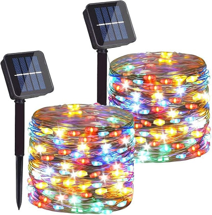2 Pack Total 200 LED 66FT Solar Powered Copper Wire String Lights Outdoor, Waterproof, 8 Modes Fairy Lights for Garden, Patio, Party, Yard, Christmas (Multicolor)