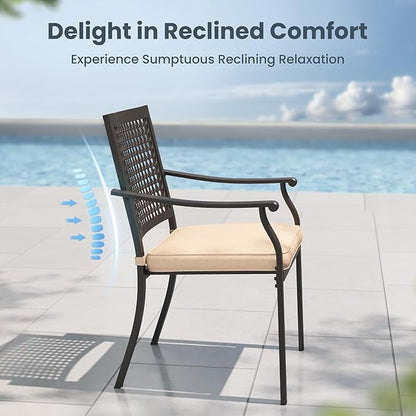 PHI VILLA 3 Pieces Outdoor Bistro Set for 2, Round Slatted Metal Steel Side Table & Stacking Wrought Iron Chairs with Cushions, Small Conversation Furniture Set for Patio Porch, Deck, Balcony