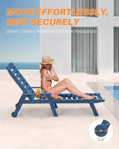HDPE Outdoor Chaise Lounge Set of 2, 5-Position Adjustable Outdoor Lounger with Wheels & Cup Holder, 78.4'' Poly Lounge Chairs Furniture, HDPE Patio Lounge Chairs for Deck, Pool, Beach, Navy
