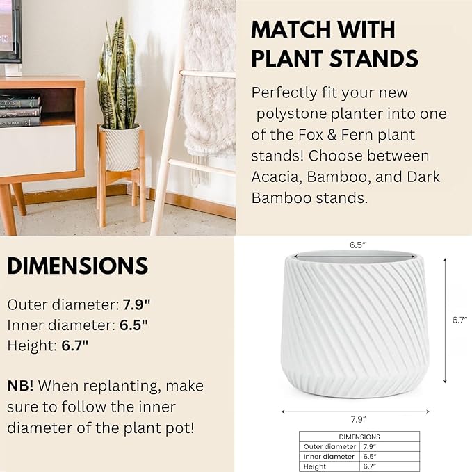 Fox & Fern 8 Inch Plant Pot with Drainage Plug — Premium Polystone White Plant Pot - Modern Planter with 3D Texture and Ceramic Finish - 8 Inch Pots for Plants Indoor & Outdoor - Lightweight