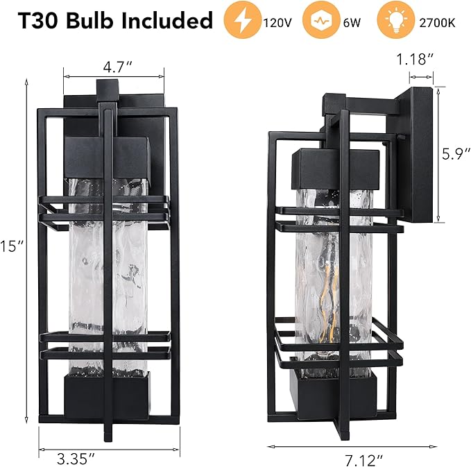 Outdoor Front Porch Light Fixtures Wall Mount, Water Ripple Outdoor Wall Lantern,2 Pack Black Exterior Lighting Fixtures, Waterproof Sconce Lights, Outside Lantern Lamp for Garage(Bulb Included)