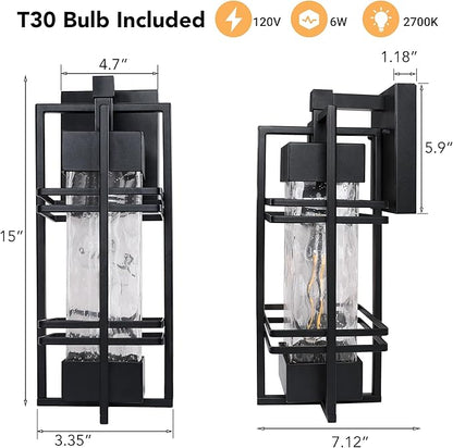 Outdoor Front Porch Light Fixtures Wall Mount, Water Ripple Outdoor Wall Lantern,2 Pack Black Exterior Lighting Fixtures, Waterproof Sconce Lights, Outside Lantern Lamp for Garage(Bulb Included)