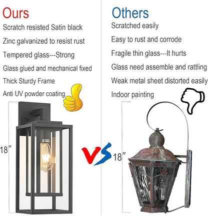 18" Outdoor Wall Light Fixtures Waterproofed Exterior Lantern W/Sturdy Rectangular Double Cage In Satin Black&Clear Tempered Glass,Sconce Mounted For House Patio,Front door,Porch,Garage Lighting 2Pack