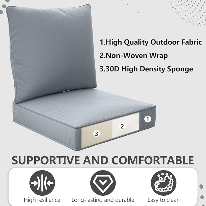 22" x 22" x 6" Outdoor Deep Seat Cushions Set - 2 Set Waterproof & Fade Resistant Patio Furniture Replacement Cushions, Non-Slip Outdoor Cushions Fit Loveseats, Couches, Chairs, and Sofas.