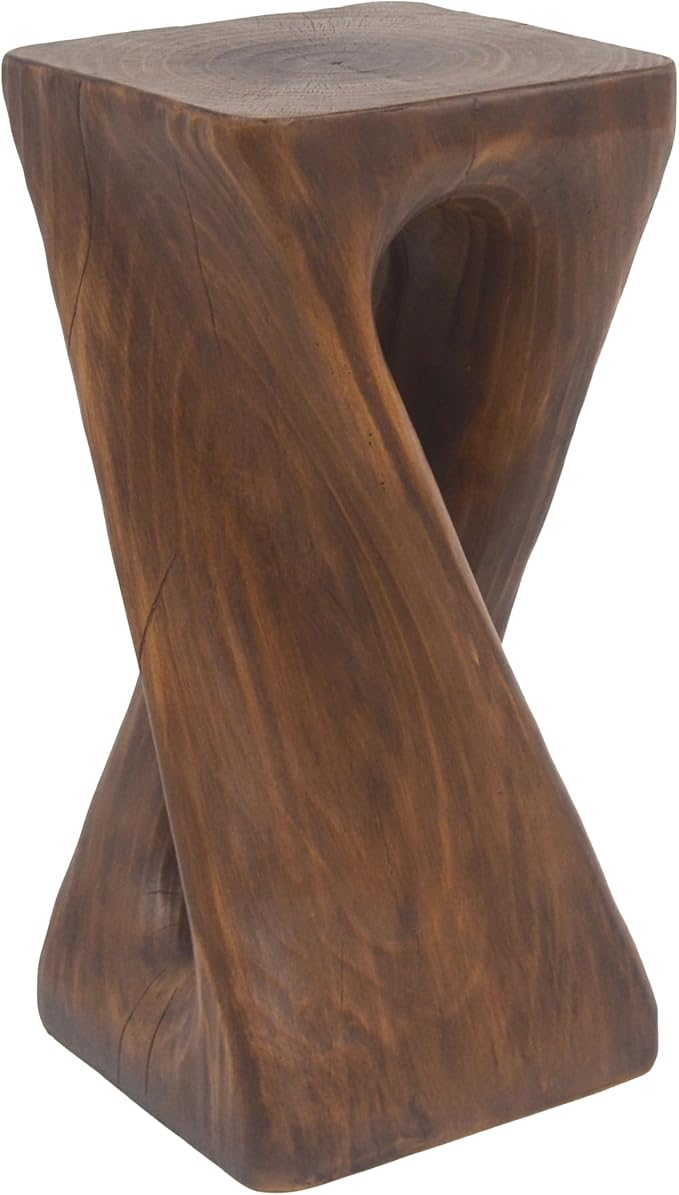 GDFStudio Outdoor Side Table, Twist Shape End Table, Decorative Accent Garden Stool Table, Lightweight Concrete Patio Table with Wood-Like Texture,Sculptural Design for Balcony,Poolside,Antique Brown