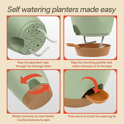 Green Self Watering Pots 20 Pack, Indoor and Outdoor Plant Pots with Wick Rope & Drainage Holes, Easy Watering Lip, Lightweight Plastic Self Watering Planter for Succulents, Houseplants, and Herbs