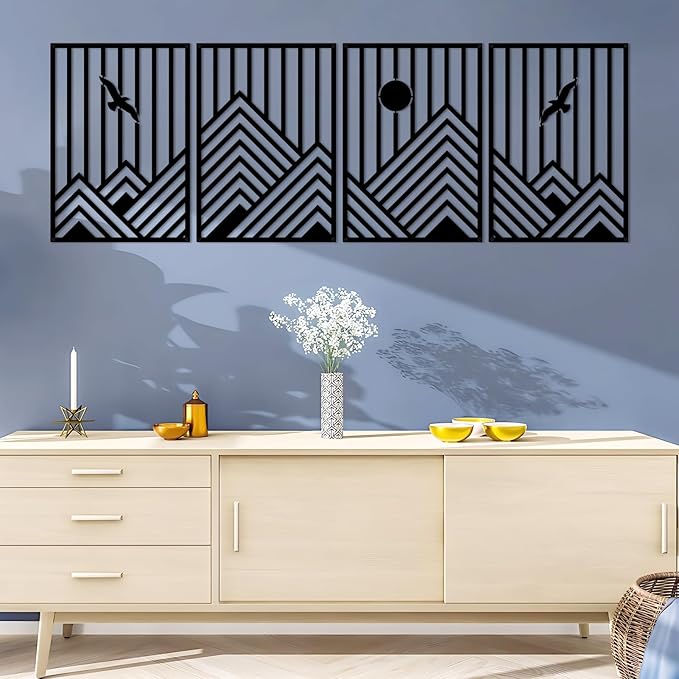 ESTART 4 Pcs Metal Mountain Wall Art, Minimalist Decor Single Line Art Wall Decor, Nature Abstract Line Minimalist Wall Art for Living Room Bedroom Bathroom Study Room (Black)