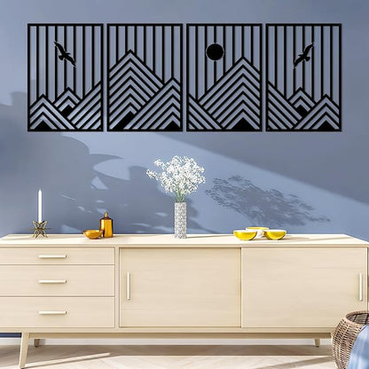 ESTART 4 Pcs Metal Mountain Wall Art, Minimalist Decor Single Line Art Wall Decor, Nature Abstract Line Minimalist Wall Art for Living Room Bedroom Bathroom Study Room (Black)