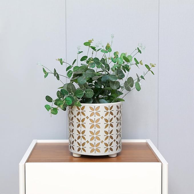 8 Inch Plants Pot, Planter for Indoor Plant, Indoor & Outdoor Flowerpot with Drainage Hole - for Decoration of Home Garden & Terrace, White & Gold