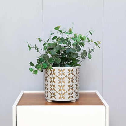 8 Inch Plants Pot, Planter for Indoor Plant, Indoor & Outdoor Flowerpot with Drainage Hole - for Decoration of Home Garden & Terrace, White & Gold
