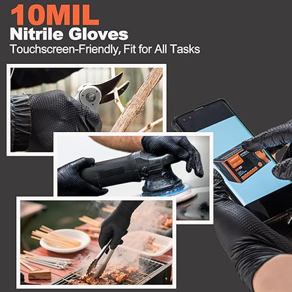 10mil Heavy Duty Nitrile Gloves Large Black Disposable Rubber Gloves with Diamond Grip Anti Chemical Puncture Resistant Mechanics Guantes for Men/Auto repair/Cooking/Food Grade-Latex Free-100