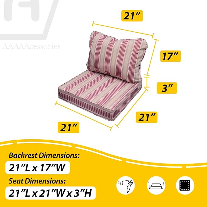 AAAAAcessories Outdoor Seat Cushions for Chairs, Fade-Resistant, Waterproof Patio Furniture Replacement Cushions, 21" x 21" x 3" + 21" x 17", Dusty Rose Garden Stripe