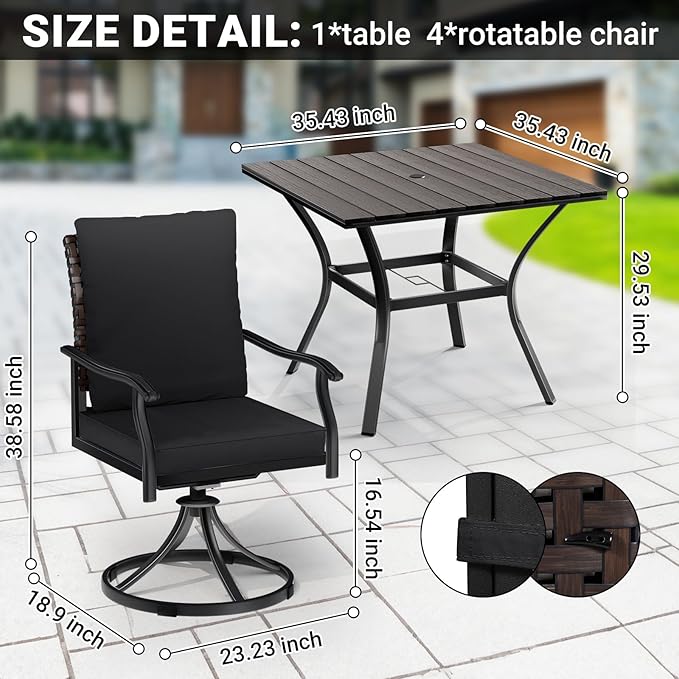 LEVELEVE 5 Piece Outdoor Patio Dining Set with 4 Swivel Dining Chairs & 1 Large Round Dining Table,Bistro Furniture Set for Lawn, Garden, Deck, Backyard and Porch