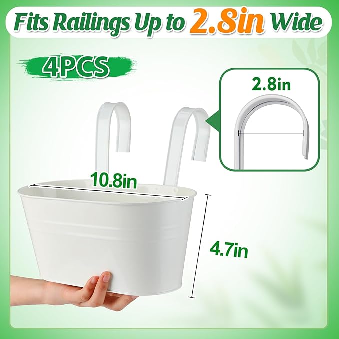 MADHOLLY Railing Planter with Drainage Holes - Sturdy Bucket Pots for Railing Fence, Countryside Style Metal Flower Pots for Herbs Balcony Garden Yard Decor, 4Pcs, White