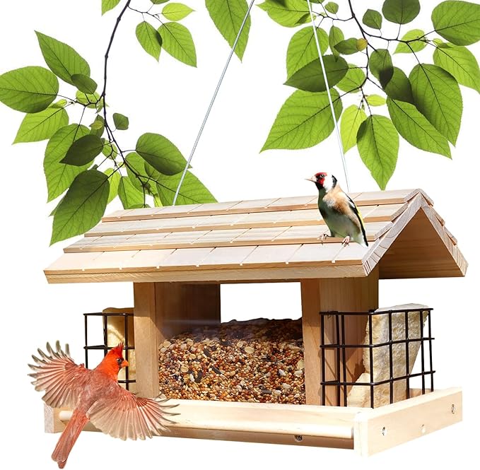 Wood Bird Feeders for Outdoors - Large with 2 Suet Cages, Waterproof for Garden Decoration