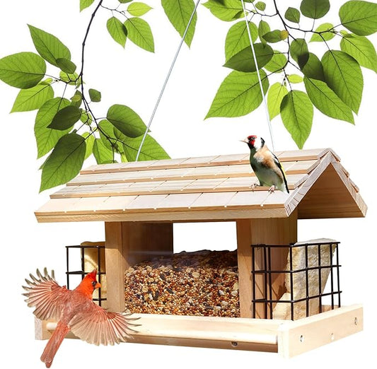 Wood Bird Feeders for Outdoors - Large with 2 Suet Cages, Waterproof for Garden Decoration