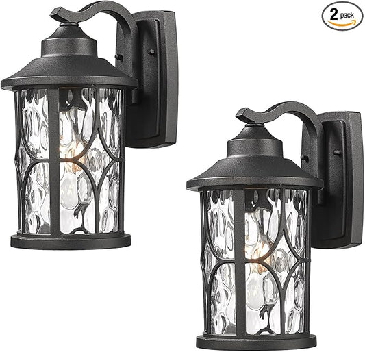 zeyu 2 Pack Patio Wall Light Fixture, 12 Inch Outdoor Modern Wall Lights, Die-Cast Aluminum, Black Finish with Water Ripple Glass, ZX48BWG-2PK BK