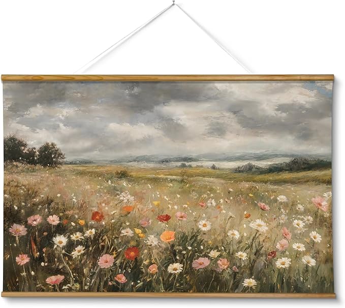 ARPEOTCY Extra Large Vintage Framed Wall Art, 36x54 Inch Colorful Wild Flowers Landscape Hanging Framed Wall Art Decor for Living Room Bedroom Office, Retro Rustic Home Decor Aesthetic