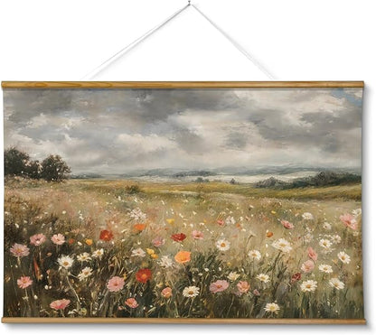 ARPEOTCY Extra Large Vintage Framed Wall Art, 36x54 Inch Colorful Wild Flowers Landscape Hanging Framed Wall Art Decor for Living Room Bedroom Office, Retro Rustic Home Decor Aesthetic