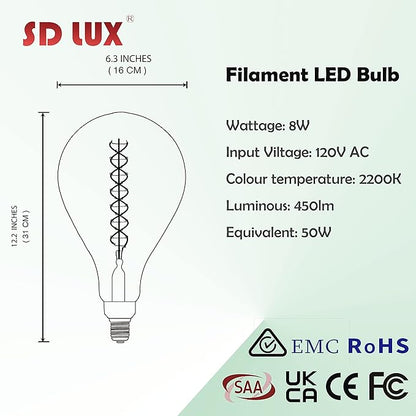 SD LUX Oversized Vintage LED Light Bulbs 8W, Medium Base E26, Giant Huge Edison Bulb PS52(PS160) Large Decorative Bulbs, Dimmable 450LM(50W Equi) Pendant Lighting Warm White 2200K,1 Pack