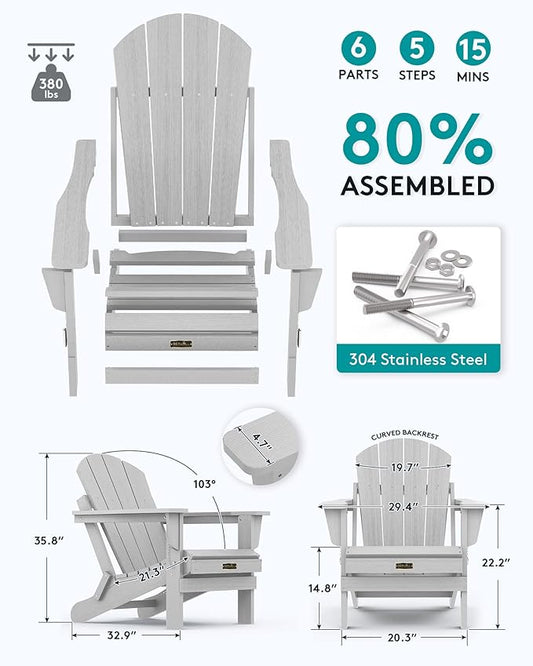 SERWALL Folding Adirondack Chair Set of 4 for Patio Garden Outdoors Fire Pit- Spanish Gray