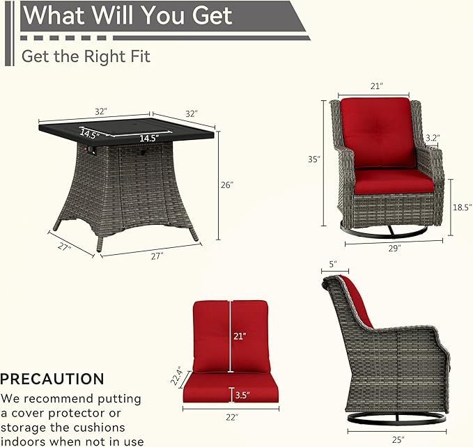 5-Piece Patio Furniture Set Includes 4 Swivel Rocker Chair and 1 Fire Pit, Wicker Conversation Set with Cushion Red