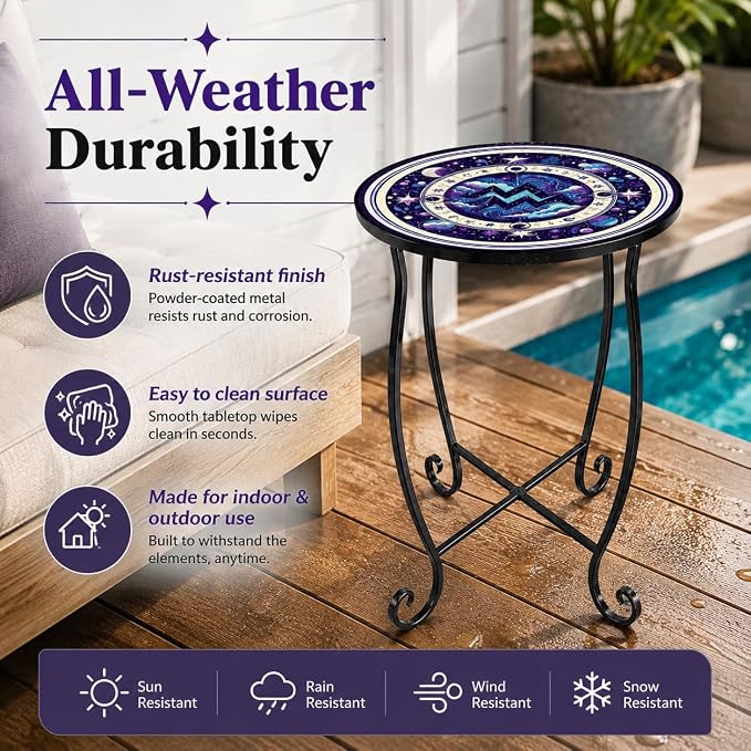 15 Inch Tall Patio Side Table, Small Patio Table for Outdoor Deck Porch Poolside, Ocean Wave Metal End Table, Rust Resistant Garden Stool Matches Mosaic Outdoor Side Table Decor