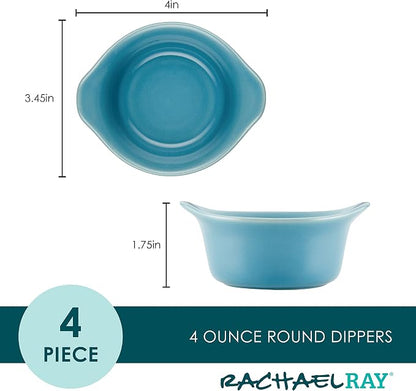 Rachael Ray Solid Glaze Ceramics Round Ramekins/Dipping Cup Set, 4 Piece, Agave Blue (Pack of 3)