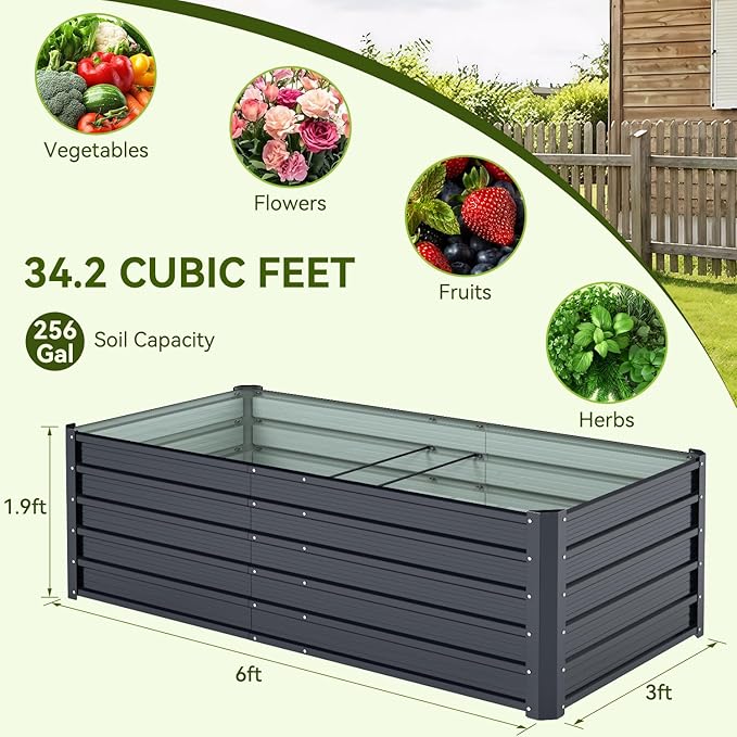 Ohuhu 6x3x1.9 FT Metal Raised Garden Bed Outdoor, Reinforced Deep Root Galvanized Steel Rustproof Planter Box, 100% Non-Toxic, 256 Gal Heavy Duty Tall Raised Beds for Growing Vegetables Flowers Herbs