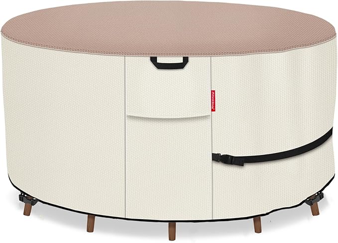 Porch Shield Round Patio Furniture Cover - Waterproof 600D Heavy Duty Outdoor Table and Chairs Cover 108 inch, Light Tan & Khaki