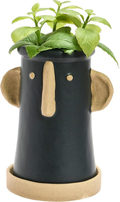 Creative Co-Op Stoneware Face Planter with Saucer, Set of 2, Matte Black and Cream, 9"