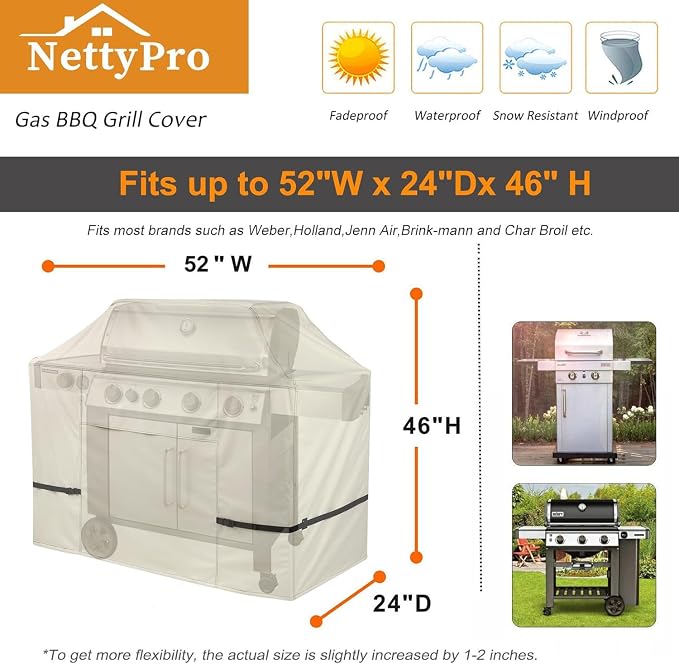 NettyPro BBQ Grill Cover 52 inch Heavy Duty Waterproof Outdoor 2-3 Burners Gas Grill Cover for Outside Weber, Char-Broil, Brinkmann, Nexgrill Barbecue, Beige