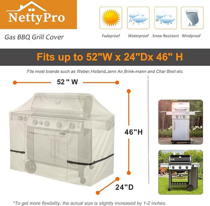 NettyPro BBQ Grill Cover 52 inch Heavy Duty Waterproof Outdoor 2-3 Burners Gas Grill Cover for Outside Weber, Char-Broil, Brinkmann, Nexgrill Barbecue, Beige
